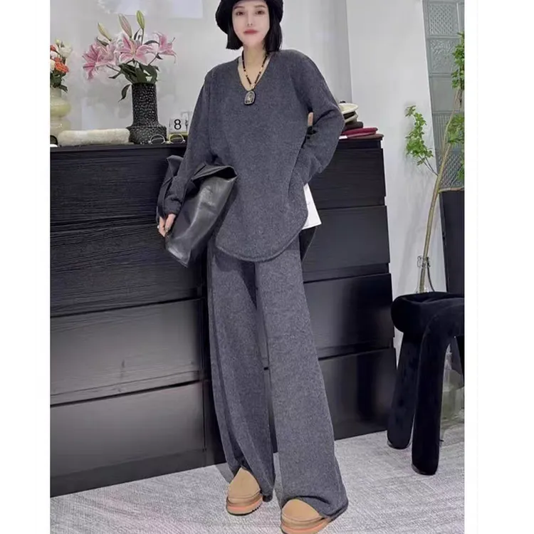 韩系气质休闲时尚套装女秋冬穿搭长袖圆领毛衣阔腿裤慵懒风两件套