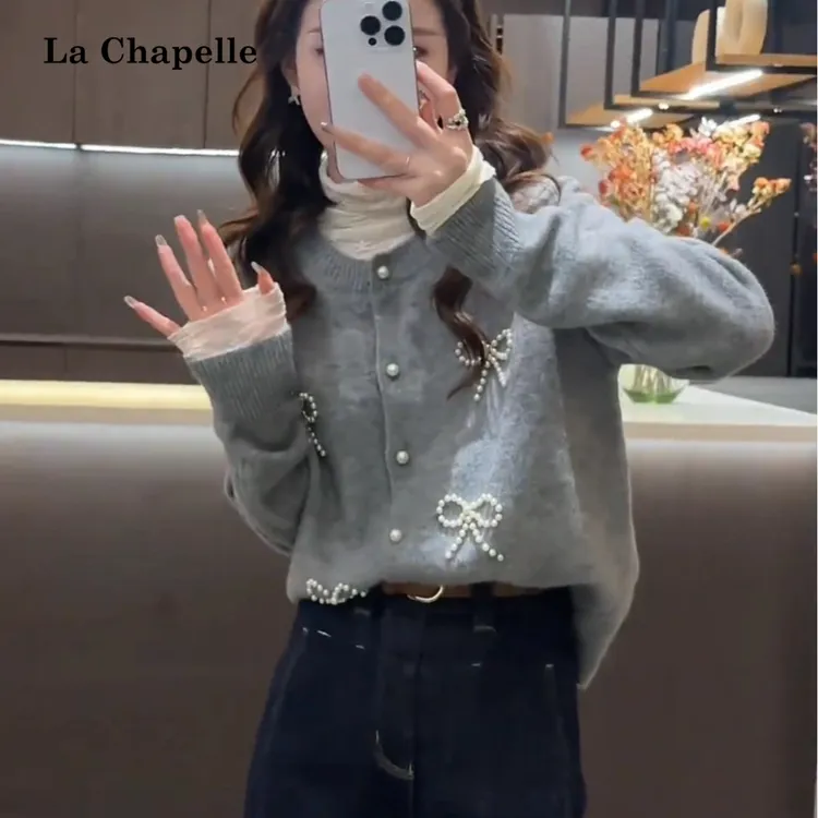 拉夏贝尔秋冬圆领蝴蝶结针织开衫钉珠毛衣女外套洋气宽松上衣百搭