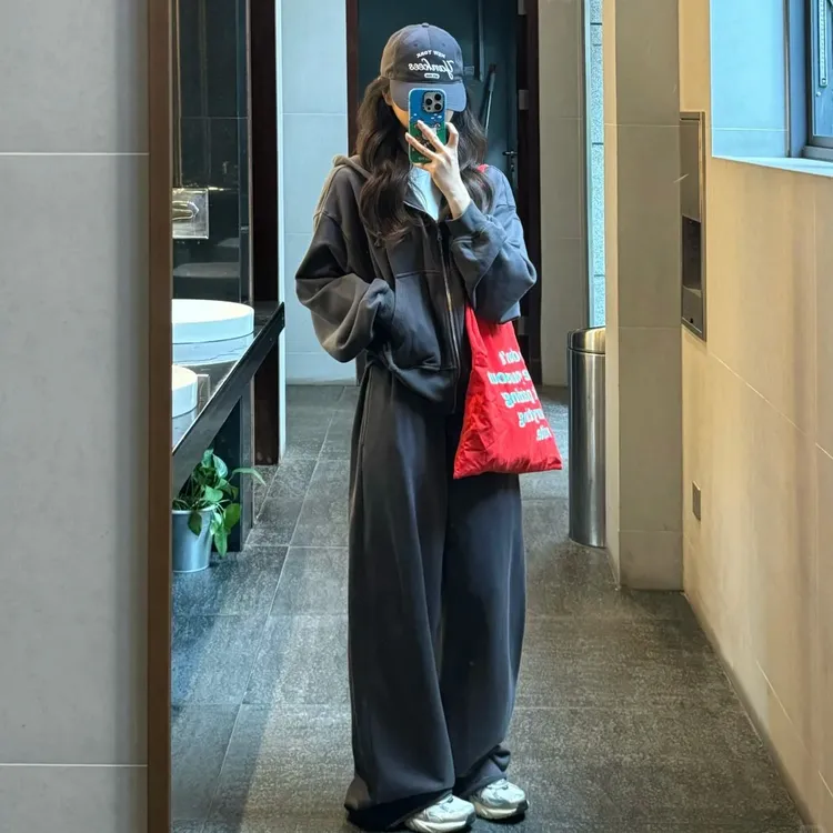 美式炸街复古宽松休闲运动套装女秋冬加绒时尚感卫衣卫裤两件套女