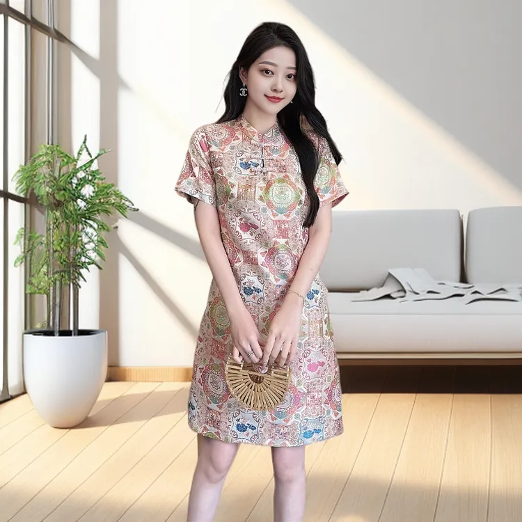 国风新中式立领气质显瘦印花盘扣短袖旗袍连衣裙中国风旗袍裙大码