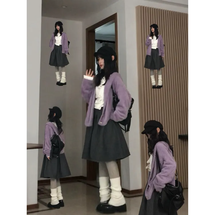 MARIE.COCO韩系高级感连帽紫色衣开衫女秋冬季软糯慵懒针织外套潮