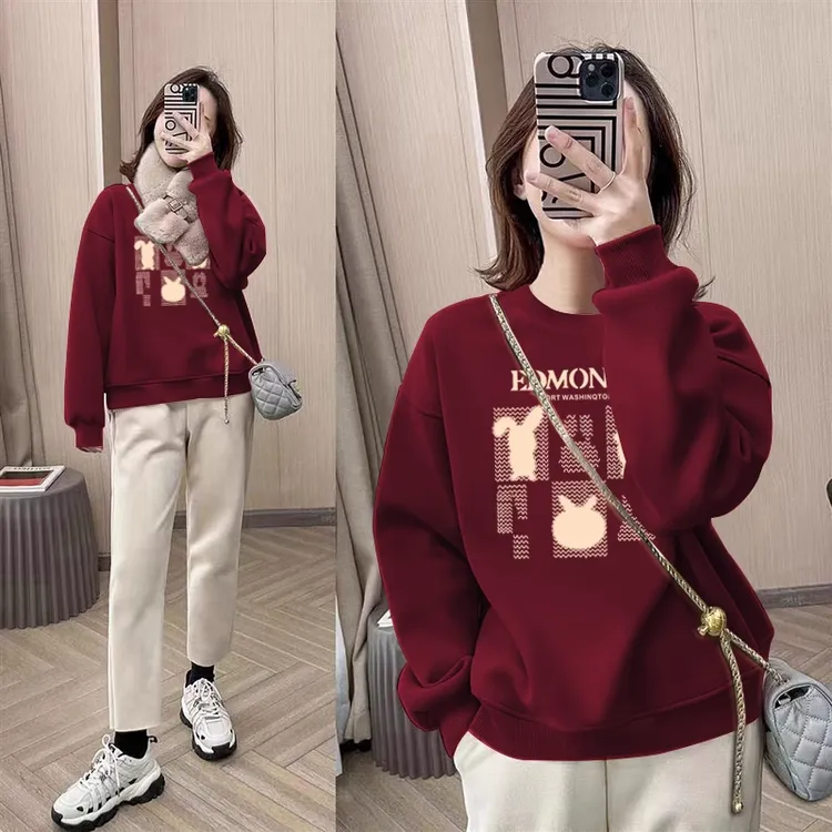 圆领套头打底衫加绒加厚卫衣女2025春秋季新款宽松韩版潮情侣外套