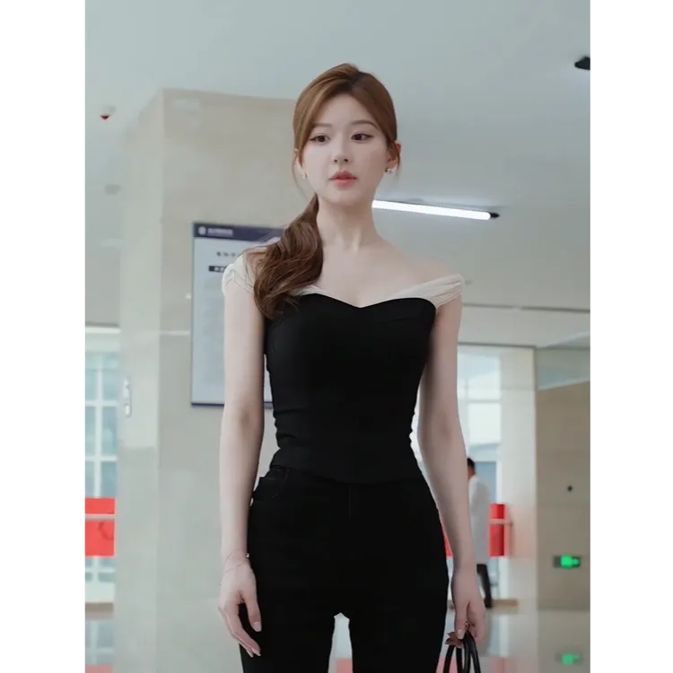 【赵露思同款】2025秋季新款深V拼接网纱吊带上衣配显瘦裤子两件套