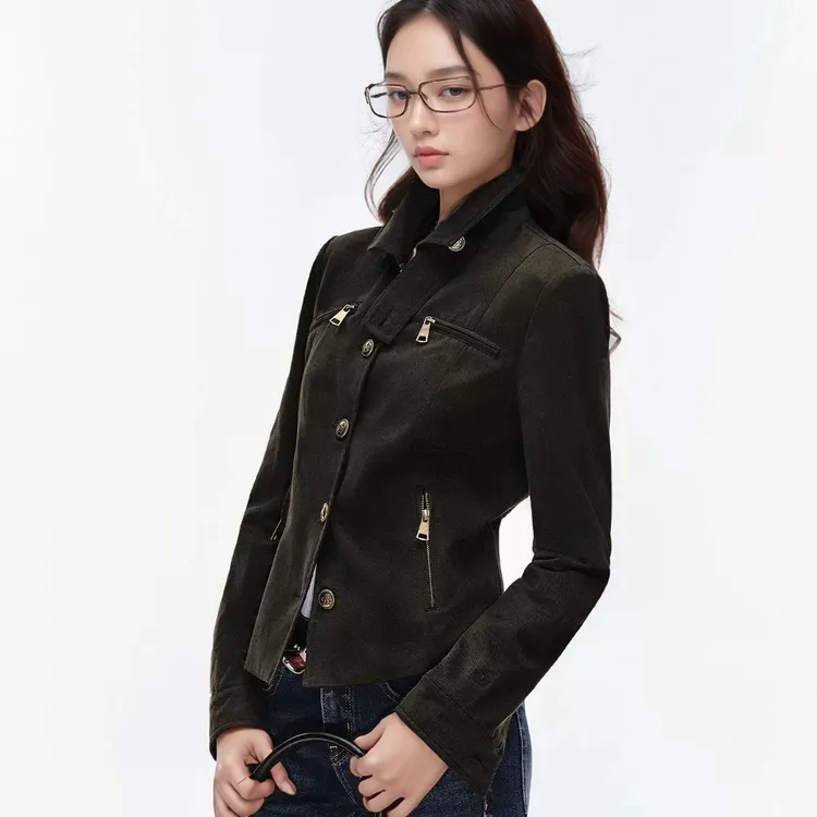 美式辣妹立领修身复古夹克正肩外套女秋气质百搭收腰显瘦短款上衣