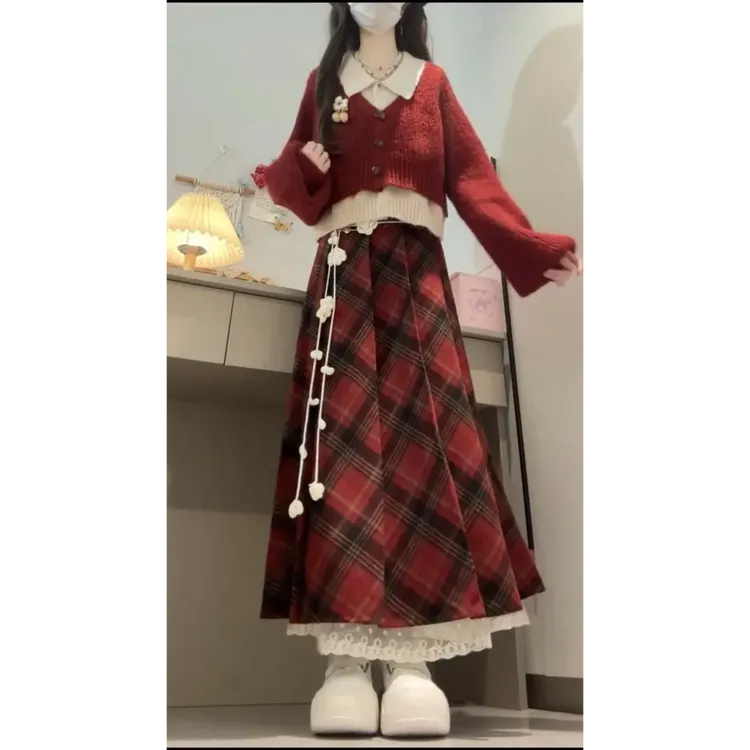 秋冬新年穿搭一整套学院风Polo领假两件毛衣格纹半身裙气质两件套