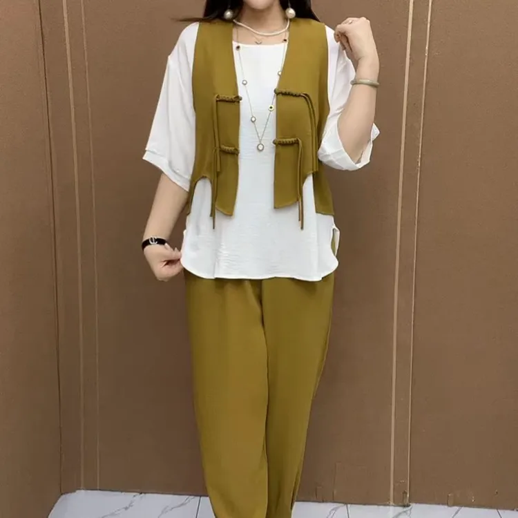时尚气质宽松国风盘扣款休闲短袖马甲夏季新款显瘦三件套套装女
