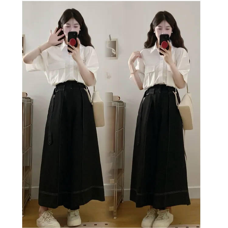 大码夏季新款休闲气质盐系衬衫+显瘦阔腿裤两件套装