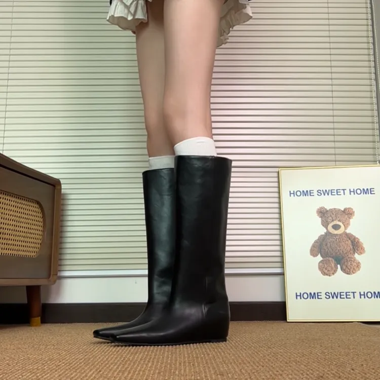 羊皮版~内增高5cm方头气质高筒靴女极简小个子显瘦直筒靴百搭长靴