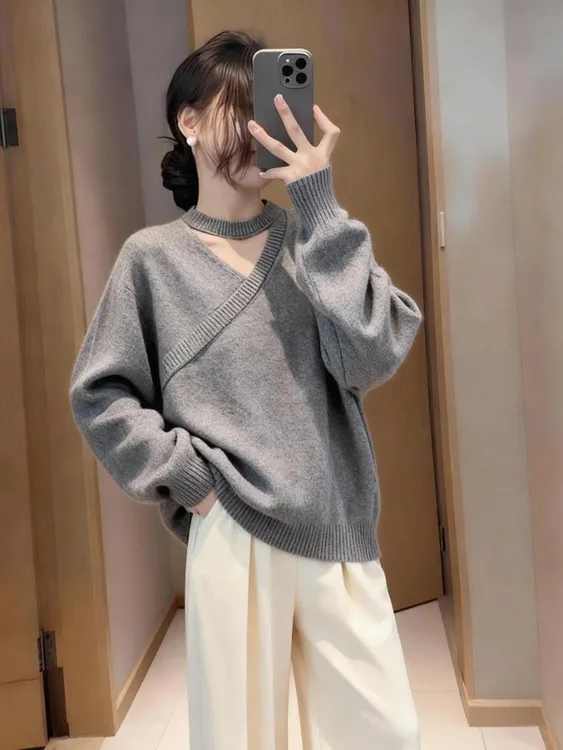 设计感小众挂脖针织衫女2025秋冬新款软糯内搭慵懒风高级感毛衣女