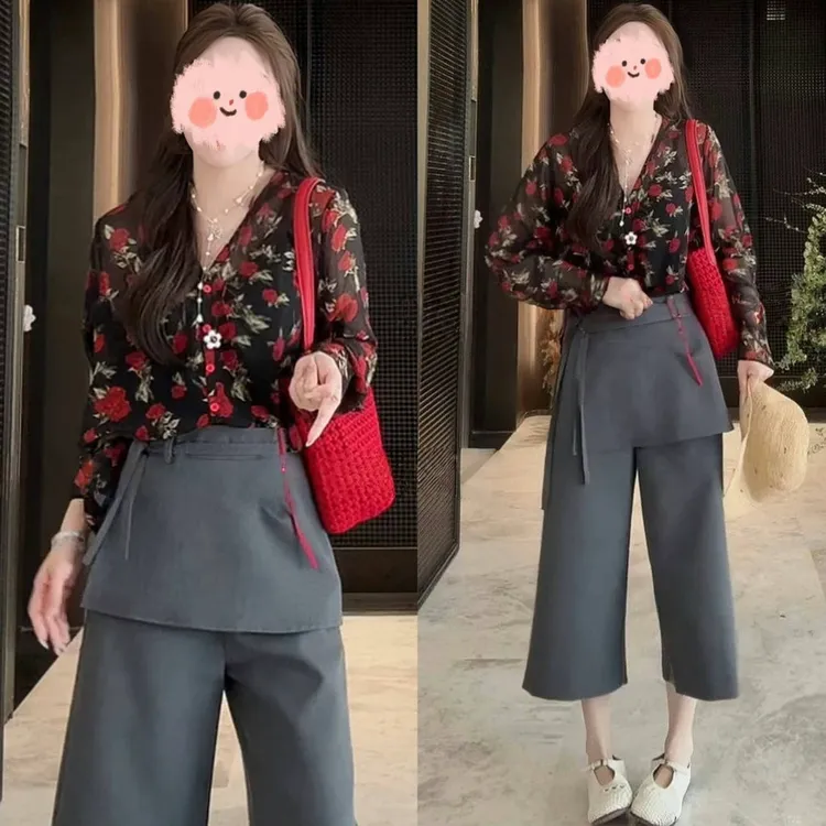 小众女装2025夏季高级感玫瑰花长袖防晒开衫+百搭西装休闲裤