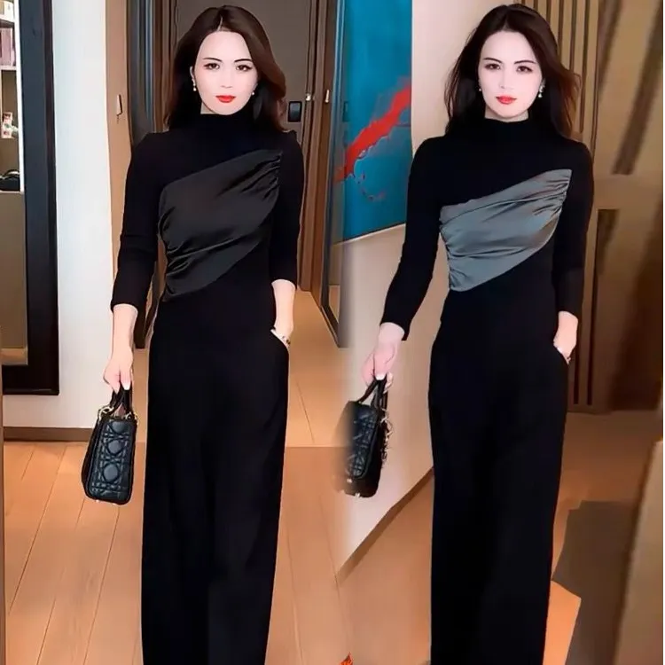 时尚拼接打底衫阔腿裤两件套女2024秋冬洋气显瘦加绒打底上衣套装