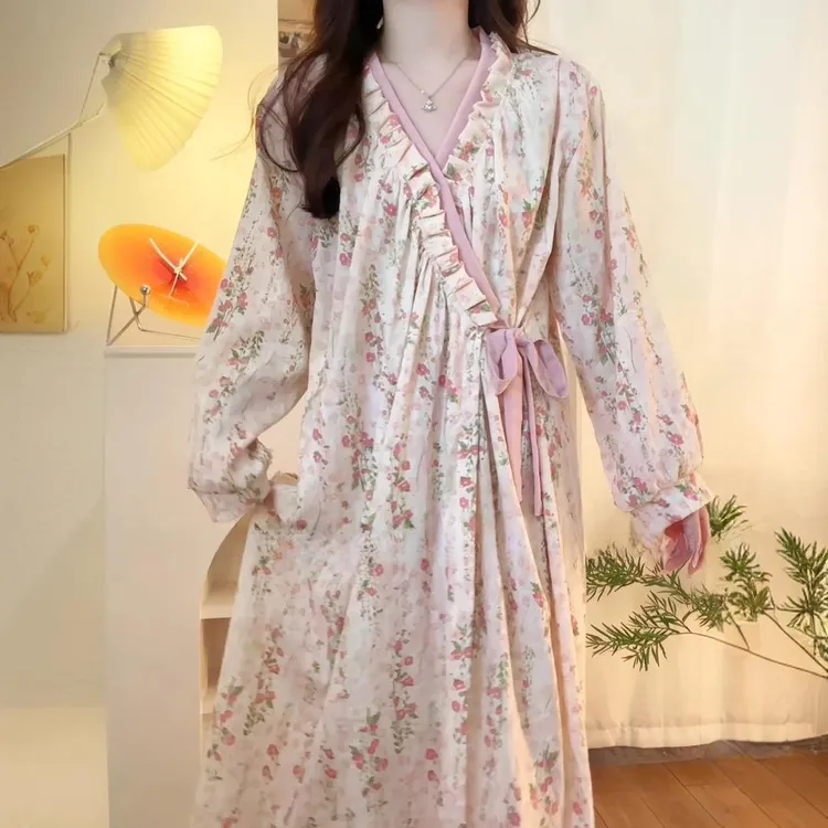 睡袍女春秋新款云朵棉高级感莫奈花园长款睡裙睡衣洗澡浴袍家居服