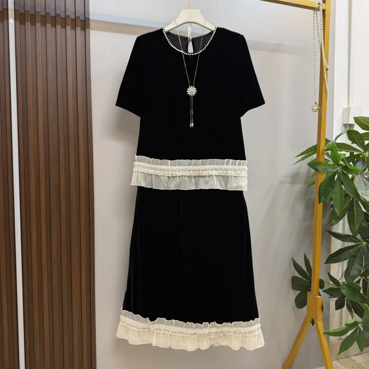 新款大码女装时尚洋气重工钉珠木耳花边设计丝绒套装