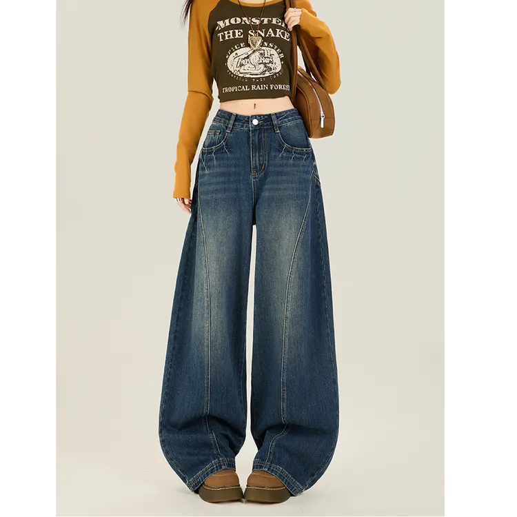 拉夏贝尔美式弯刀牛仔裤2025炸街潮款裤子女设计感拖地阔腿镰刀裤