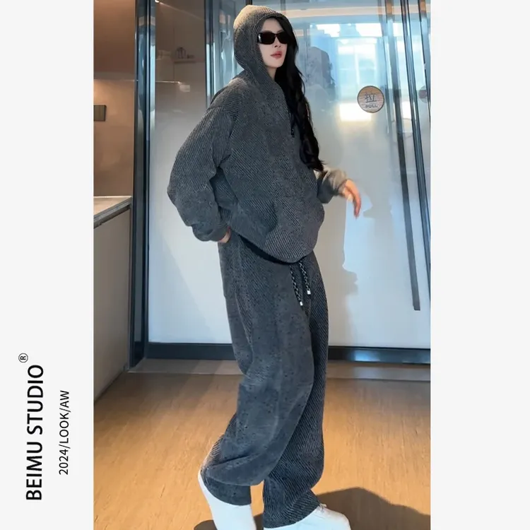 男女同款高克重连帽套头加绒加厚银丝斜休闲条纹卫衣套装88091