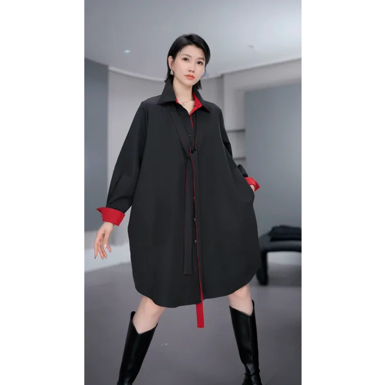 鑫鑫2025秋季新款小众炸街高级感女装拼接撞色磨毛百搭衬衫裙8868