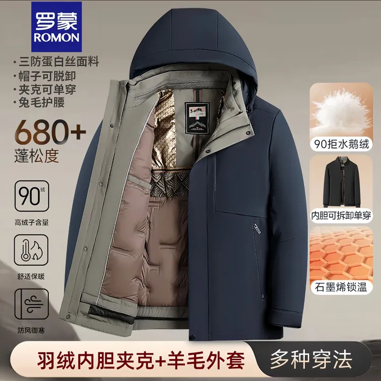【一衣五穿鹅绒服】罗蒙拆卸款一衣多穿羊毛兔毛+90鹅绒男士羽绒服