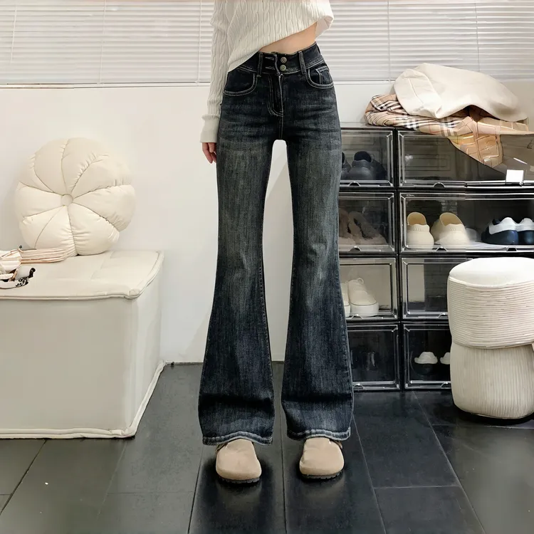 冬季纯欲慵懒风双扣微喇牛仔裤女小个子胖mm梨形身材加绒加厚裤子