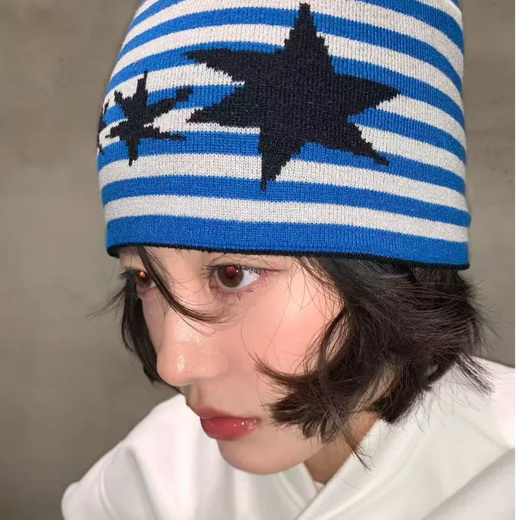 2025新款星星条纹包头针织帽子女秋冬保暖百搭网红同款毛线帽冷帽