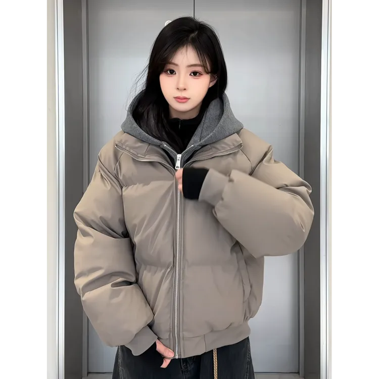 LIGGICC美拉德黑色PU皮假两件连帽宽松棉衣男复古保暖短款冬季