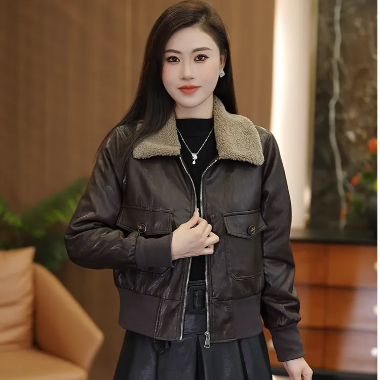 短款厚款冬季口袋常规秋季皮衣翻领时尚休闲百搭加绒9612