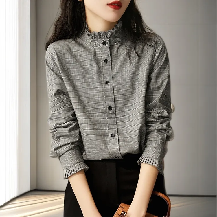 哥弟阿玛施正品2025秋季新款复古港风长袖衬衫女款格子立领上衣