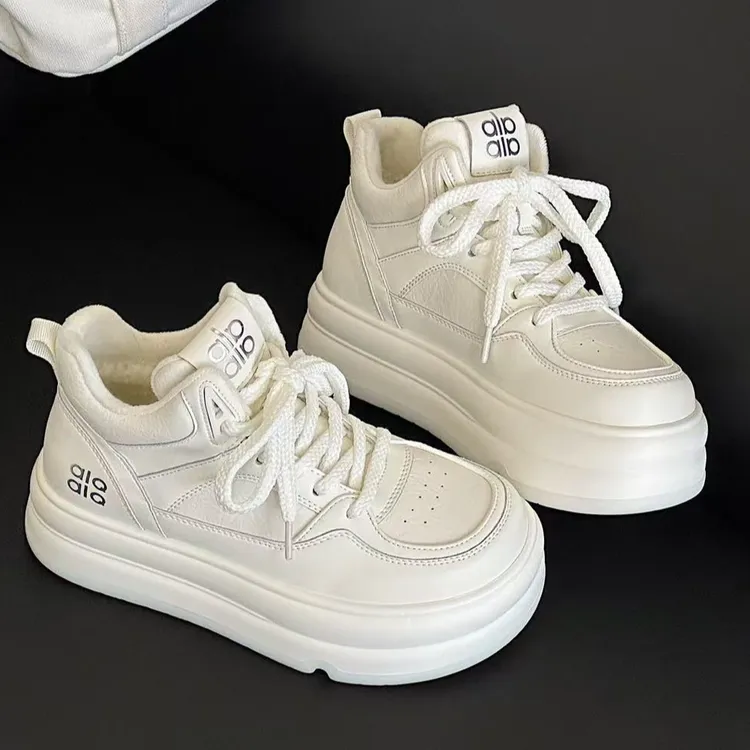 真皮休闲牛皮中高帮加绒保暖大头面包松糕增高厚底小白鞋板鞋女冬