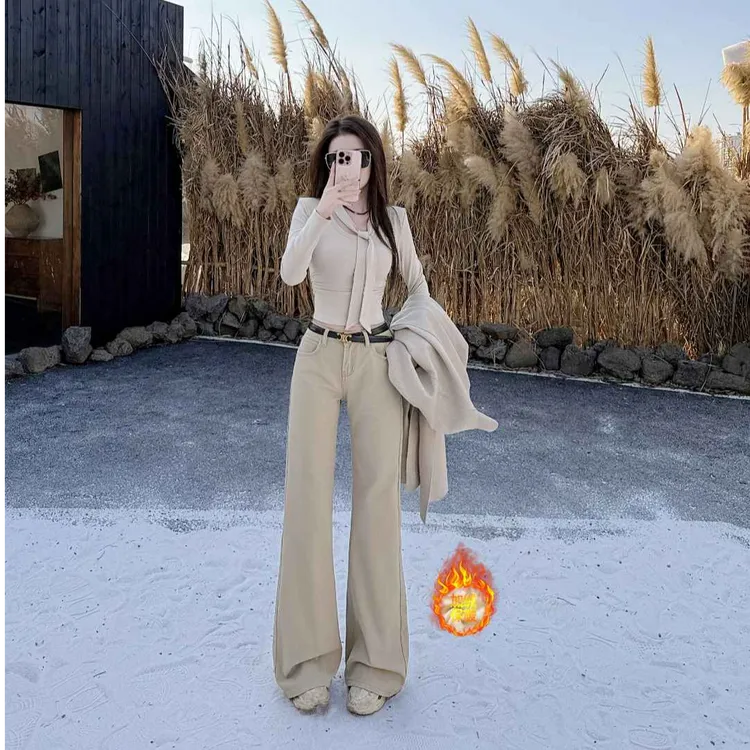 中低腰喇叭裤加绒保暖卡其宽松微喇不贴腿牛仔裤女