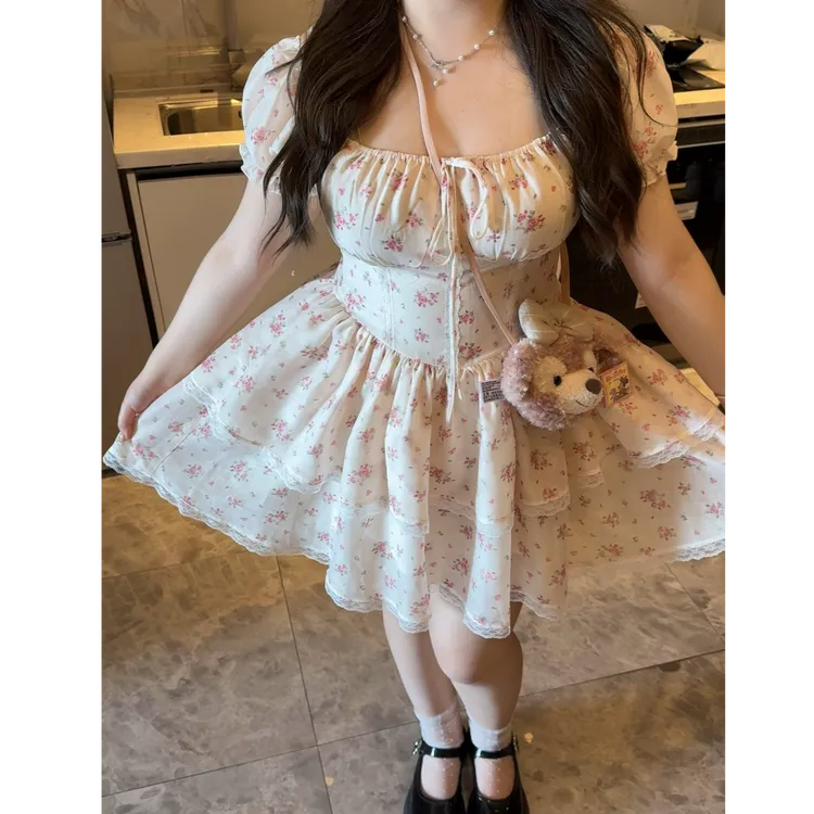 大码微胖法式甜美碎花连衣裙夏季新款公主气质收腰蓬蓬显瘦连衣裙