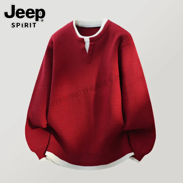 Jeep吉普高端假两件套头毛衣男士秋冬款本命年红色宽松圆领针织衫