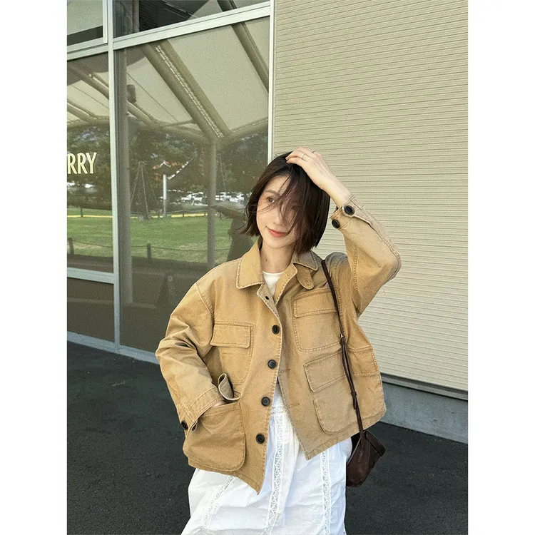【唐悠悠mgdm】复古双口袋高密纯棉重工砂洗工装风夹克百搭短外套女