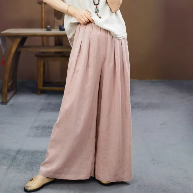 束心新中式女装新款汉麻纯色宽松大码休闲裤女松紧腰显收阔腿裤女