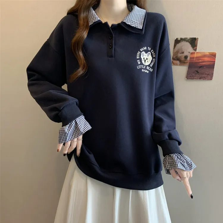 大码假两件格子拼接POLO领卫衣女春秋微胖MM宽松显瘦百搭洋气上衣