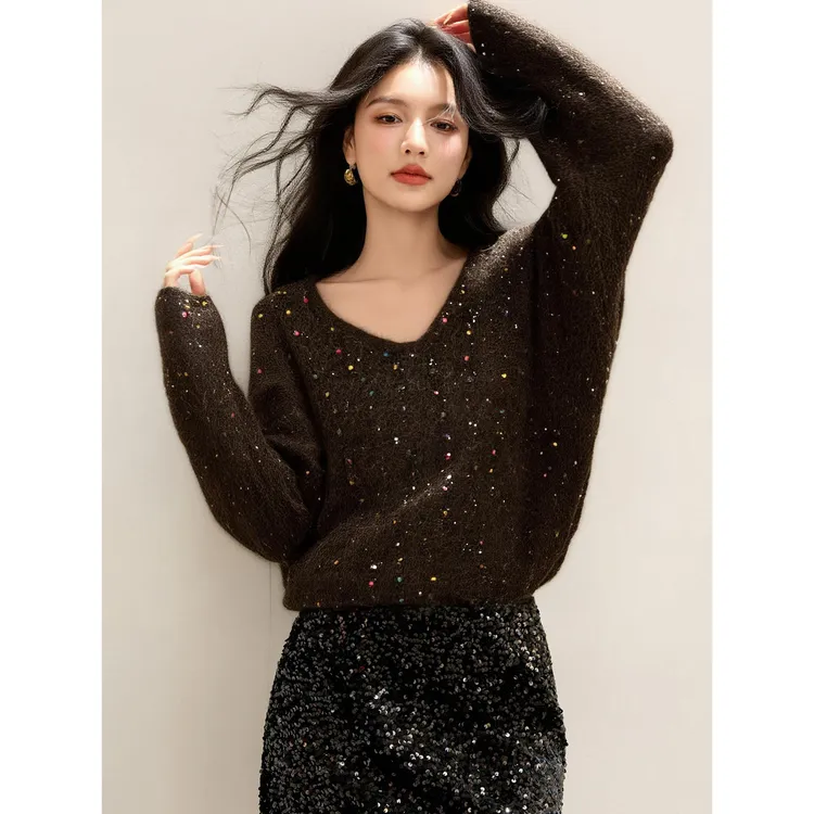 时尚v领重工细闪亮片毛衣女秋冬洋气时髦百搭宽松显瘦针织衫上衣