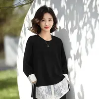 时尚蕾丝假两件圆领卫衣女2025年新款欧洲站大码黑色上衣
