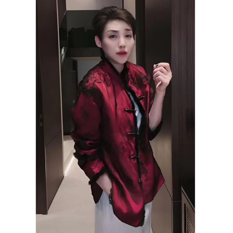 盘扣真丝提花 填充物都是桑蚕丝新中式国风水貂真皮草外套 WT1081