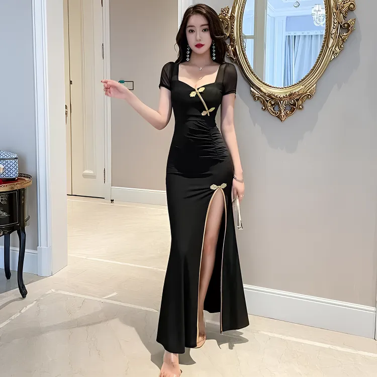 性感夏季新款复古黑色低胸显瘦夜场上班技师工作服长款开叉连衣裙