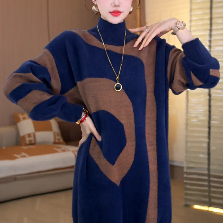 加厚保暖【焕蓝拼图】新款网红款时髦秋冬毛衣洋气女毛衣上衣-3152#