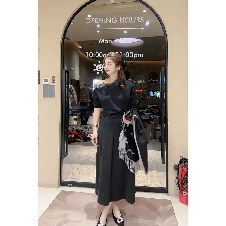 涵儿家 秋冬毛边斜肩收腰设计上衣 VS 百搭显瘦毛呢半身伞裙-9589