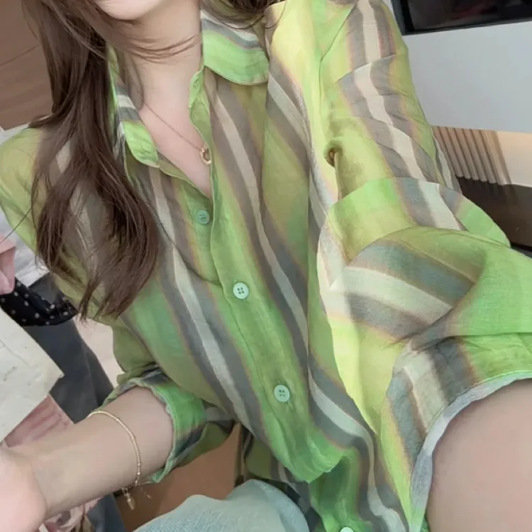 洋气时尚设计感拼色小衫2025夏季新款慵懒减龄显白显瘦长袖衬衫