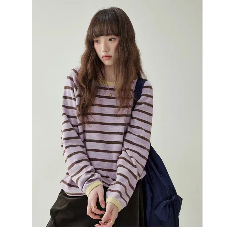 韩系条纹长袖t恤女秋冬季加厚磨毛新款宽松休闲显瘦百搭圆领上衣
