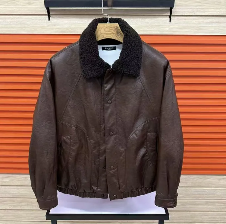 新款高品质男士翻领休闲加绒皮衣夹克外套