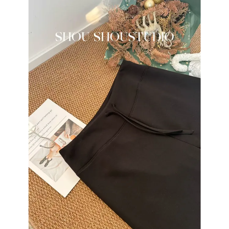 【夏夏】腿精-大码无松紧高腰显瘦百搭加绒抽绳直筒拖地长裤S02386