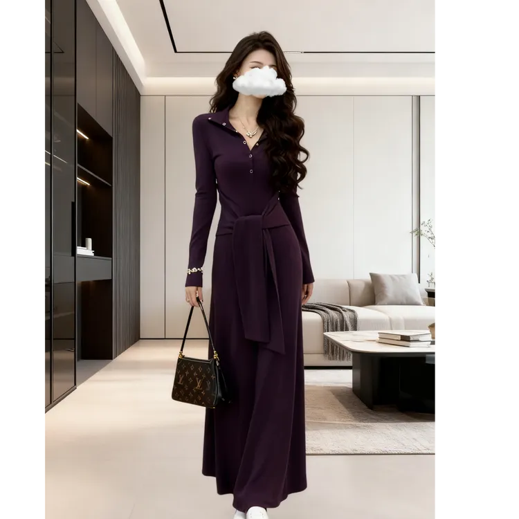 秋季新款设计感轻熟风纽扣连衣裙修身显瘦绑带女装长裙