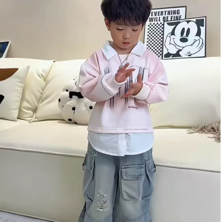假两件韩版男童套装2025春季款洋气儿童卫衣POLO牛仔裤痞帅M90250