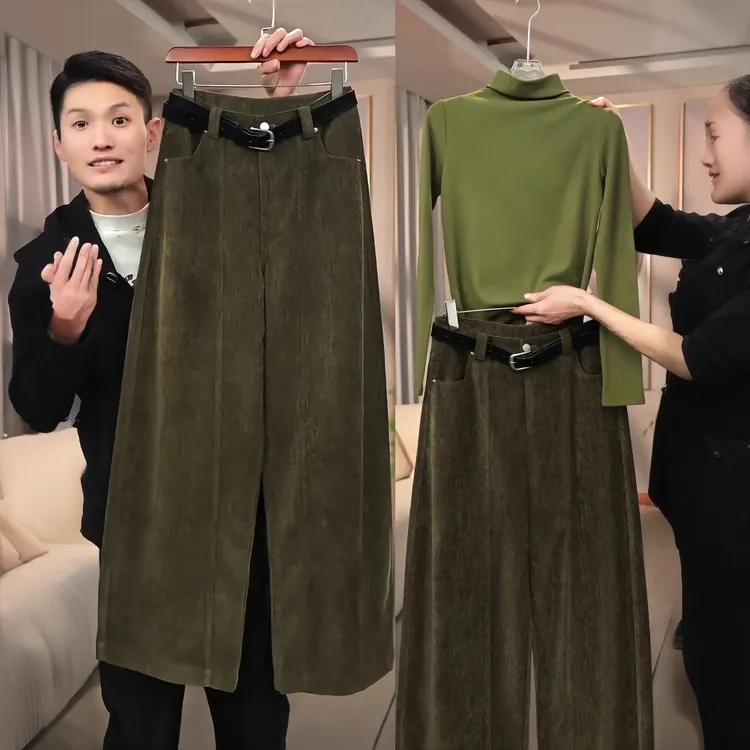 芥绿色灯芯绒阔腿裤女秋冬季裤子2025新款流行爆款休闲直筒弯刀裤