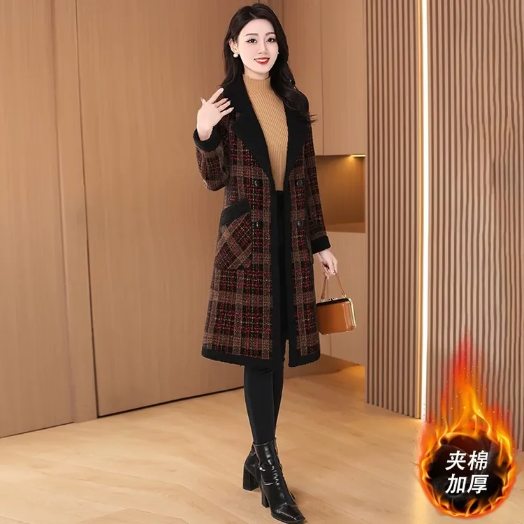 品牌格纹贵夫人时尚减龄毛呢外套女2025秋冬新款休闲加厚保暖大衣