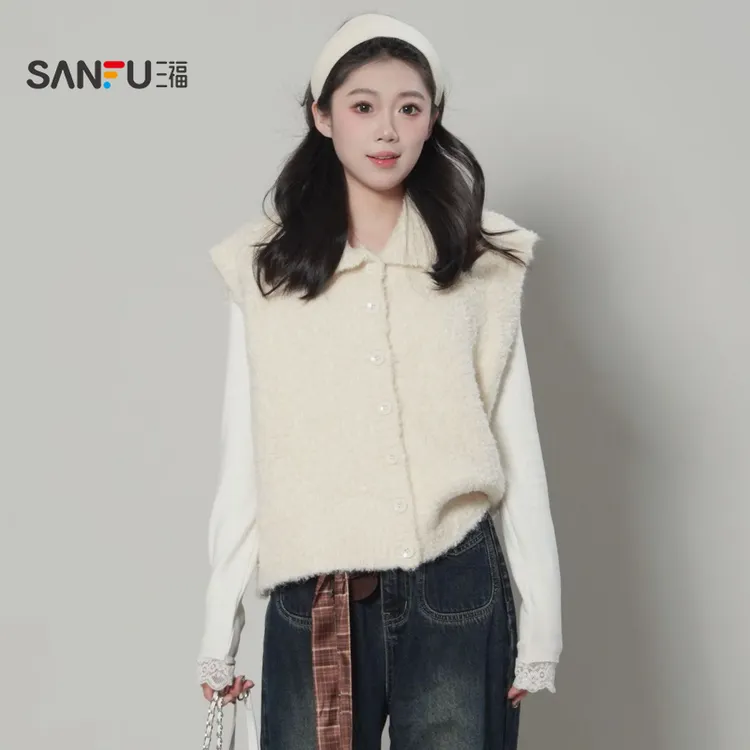 三福 冬季时尚百搭秋冬纯色毛绒气质毛织马甲 520634