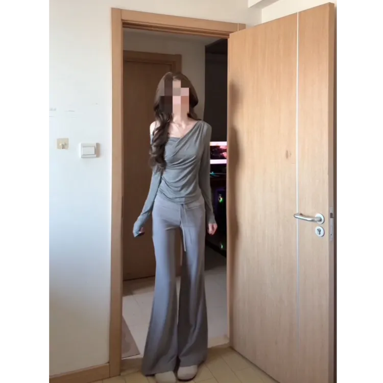 【现货】纯欲大领口抽褶设计长袖T恤微喇休闲长裤套装女X11291