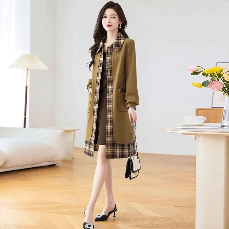 【恋晚】杭州意法千鸟格子风衣外套女春秋中长今年流行爆款妈妈洋气